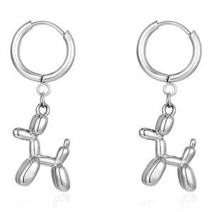 Earrings Balloon Dog Silver Puppy Whimsical Dangle Clown Circus Fun Poodle Puppy